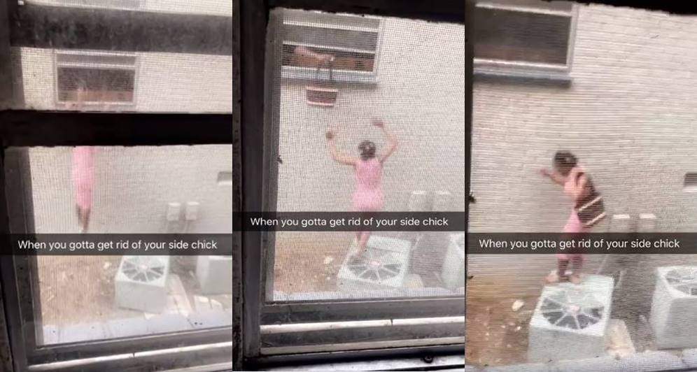 Man throws his side chick out of the window after his wife arrived (Video)