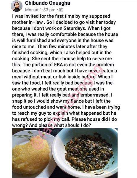 Nigerian lady refuses to eat food served without meat or fish by her mother-in-law