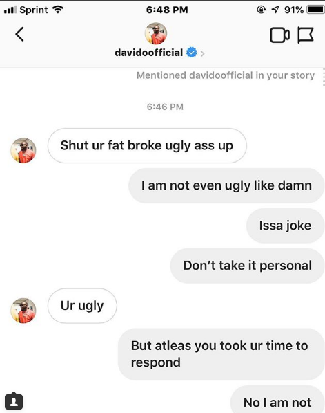 You're broke, fat & ugly, - Davido blasts 17 year old girl who shaded him