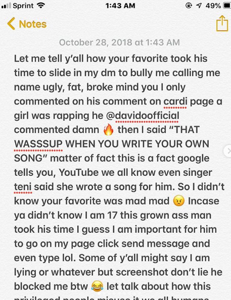 You're broke, fat & ugly, - Davido blasts 17 year old girl who shaded him