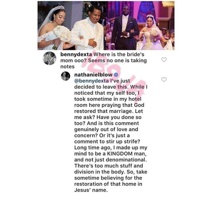 Oyakhilome's Daughter's Wedding: Singer Nathaniel Bassey replies a fan who reacted to the absence of the bride's mom