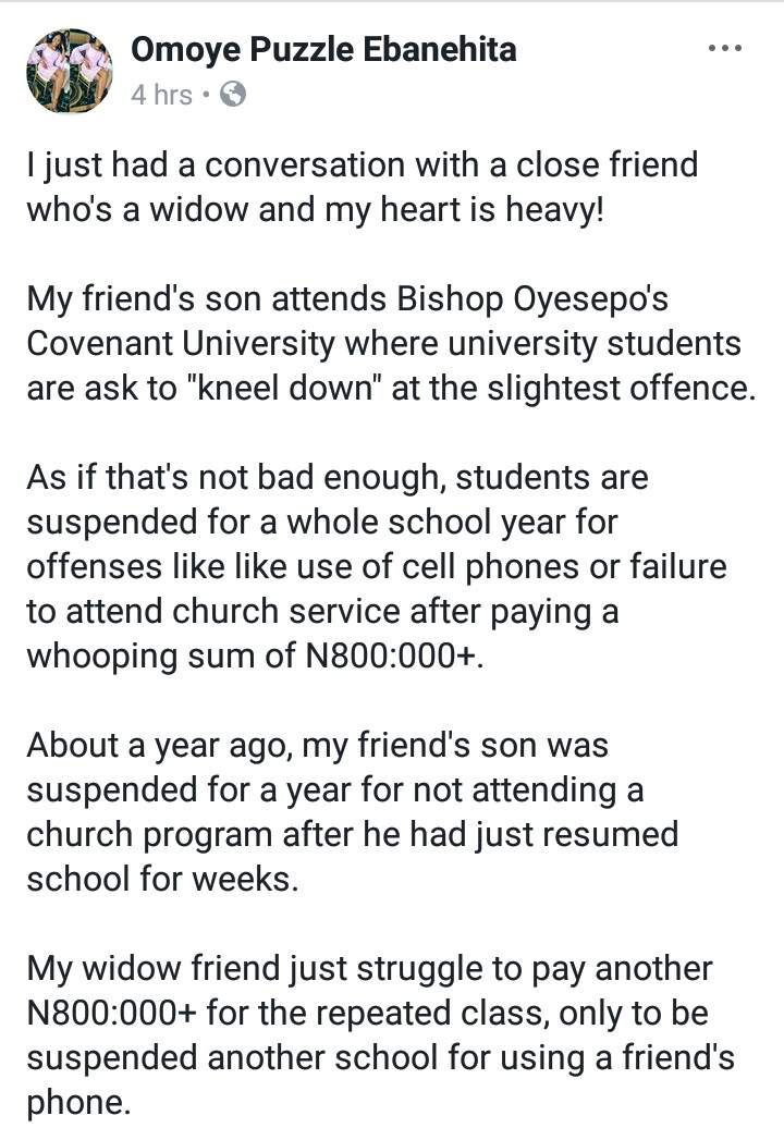 Lady shares the ordeals of her widowed friend with Covenant University