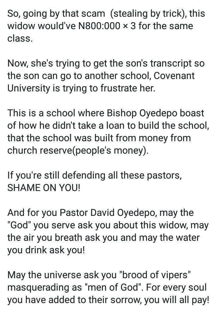 Lady shares the ordeals of her widowed friend with Covenant University