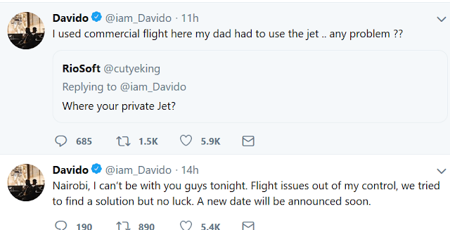 Twitter users mock Davido for saying he couldn't fly to Nairobi on his private jet because his dad had to use it