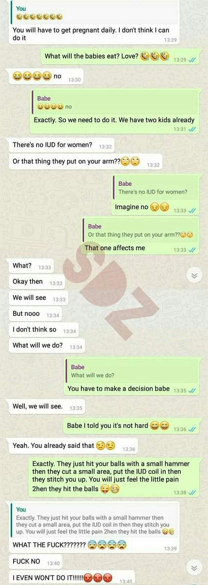 Hilarious Whatsapp Conversation between a Nigerian woman and her husband after she suggested he goes for family planning