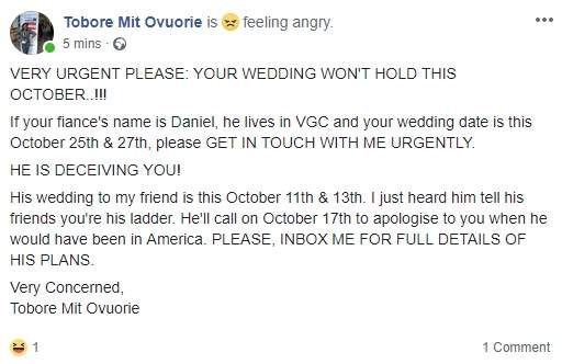 'If your fiance's name is Daniel, he lives in VGC and your wedding date is this October 25th, it won't hold' - Nigerian lady warns