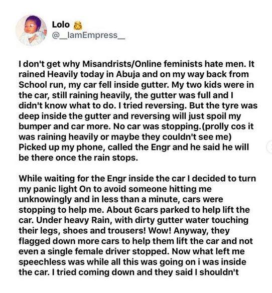Nigerian lady slams feminists after her car got stuck in a gutter