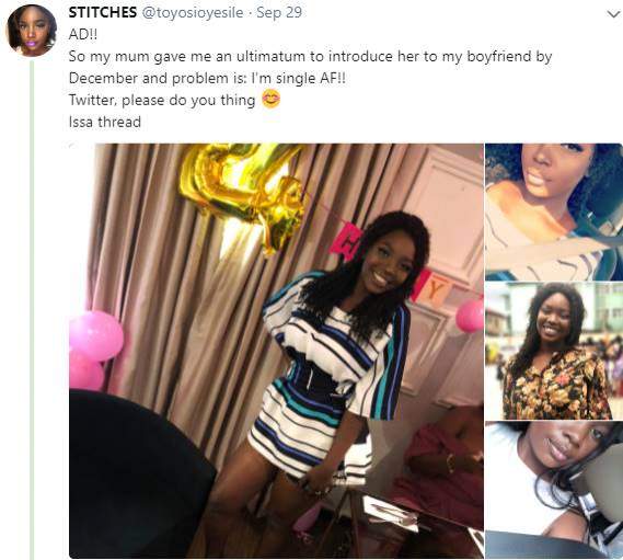 Nigerian lady takes search for boyfriend to Twitter, to beat mum's December deadline