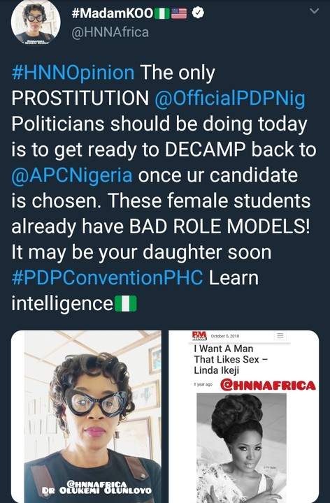 'PDP Politicians Camping UNIPORT Girls In Port Harcourt Hotel' - Kemi Olunloyo
