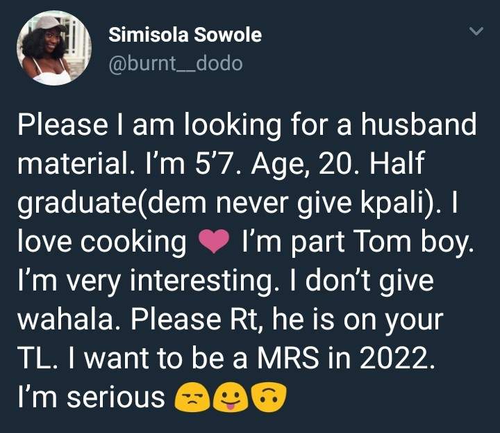 20yr old Nigerian lady is in search of a husband on Twitter