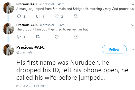 Married man jumps off 3rd mainland bridge this morning (Photo)