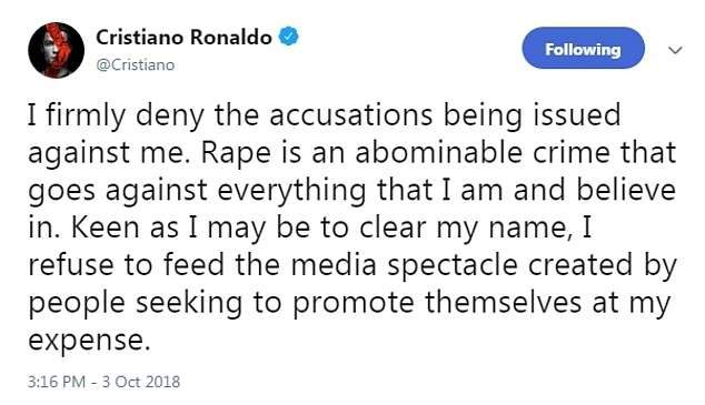 'Rape is an abominable crime that goes against everything that I am' - Cristiano Ronaldo denies rape claims again