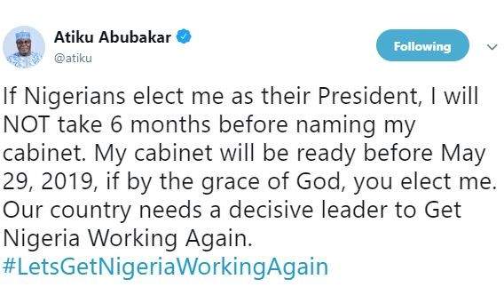 Shots fired! 'If Nigerians elect me as their President, I will not take 6 months before naming my cabinet' - Atiku