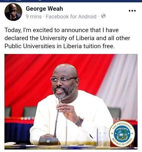 George Weah Declares Free Education At Public Universities
