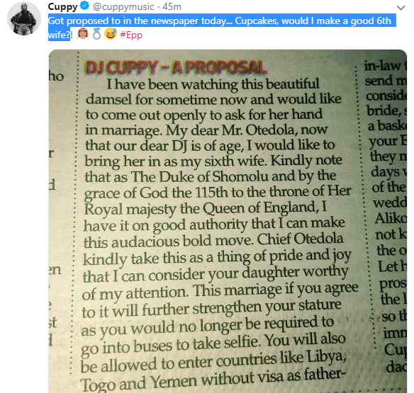 DJ Cuppy gets proposed to in newspaper by Duke of Shomolu