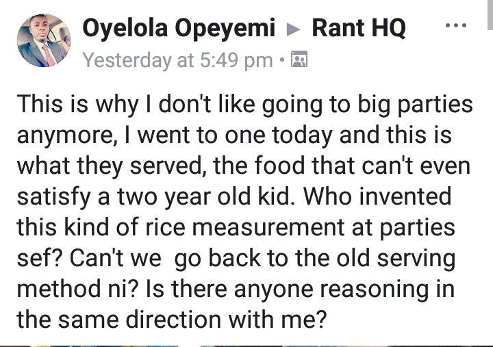Nigerian man vows to stop going to big parties over the new way of serving rice