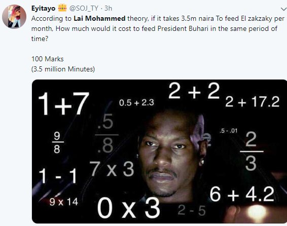 See how Nigerians are reacting to Lai Mohammed's claim that N3.5 million is spent monthly to feed El-Zakzaky