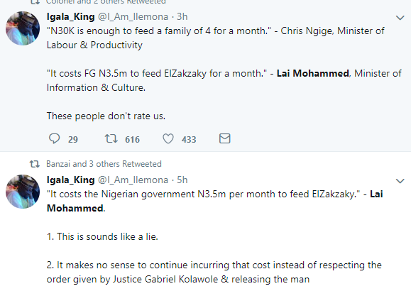 See how Nigerians are reacting to Lai Mohammed's claim that N3.5 million is spent monthly to feed El-Zakzaky