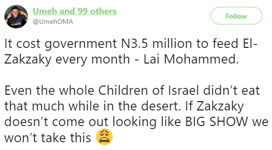 See how Nigerians are reacting to Lai Mohammed's claim that N3.5 million is spent monthly to feed El-Zakzaky