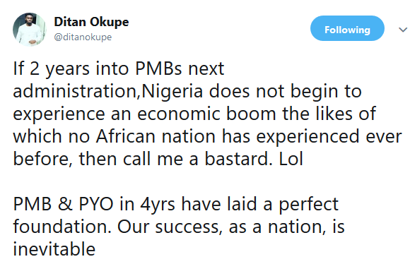'Call me a bastard if Nigeria does not experience economic boom after Buhari's re-election' - Doyin Okupe's son tells Nigerians