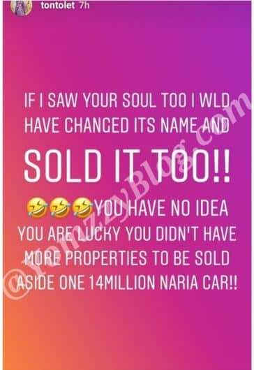 Tonto Dikeh continues to blast her ex-husband after being accused of selling his car