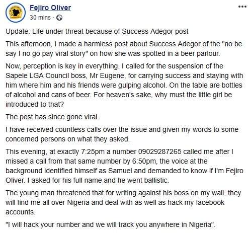 Journalist who called out Sapele LG chairman for taking Success Adegor to a 'beer parlor' says his life is under threat