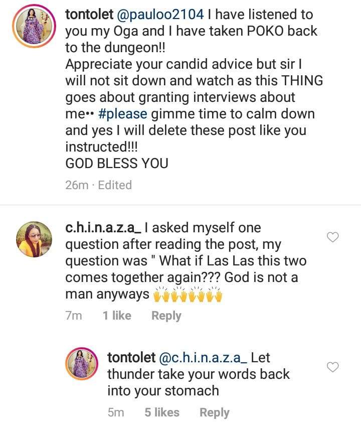 Between Tonto Dikeh and a follower who wishes she gets back together with Churchill