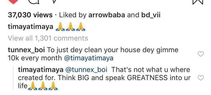 Wow! Timaya replies fan begging to clean his house for N10k monthly
