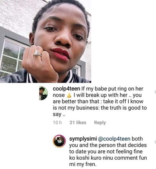 Singer Simi slams a fan who told her to take off her nose ring