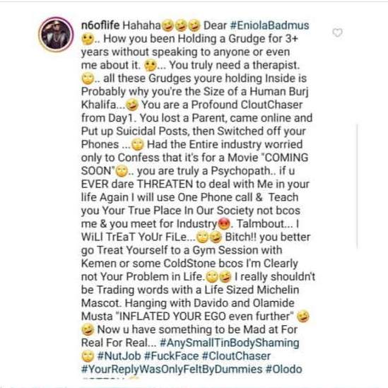 Dear Eniola Badmus, you are truly a psychopath- Cool FM OAP, N6 slams actress for cussing him out