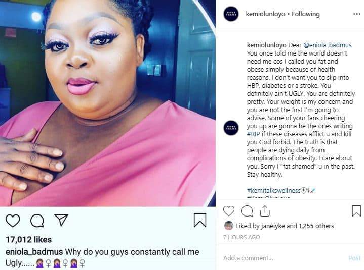 Kemi Olunloyo apologises for fat-shaming actress Eniola Badmus