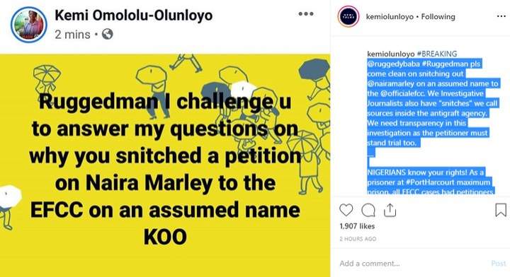 Ruggedman reacts as Kemi Olunloyo accuses him of snitching on Naira Marley