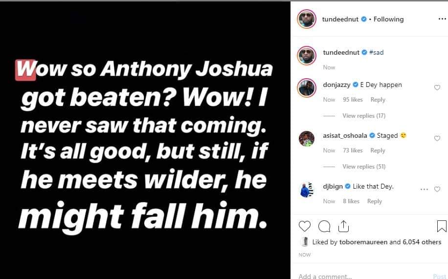 Don Jazzy, Olamide & other celebrities react to Anthony Joshua shocking defeat