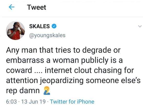 'Any man that tries to degrade or embarrass a woman publicly is a coward' - Skales 'shades' MC Galaxy over Etinosa nude video?