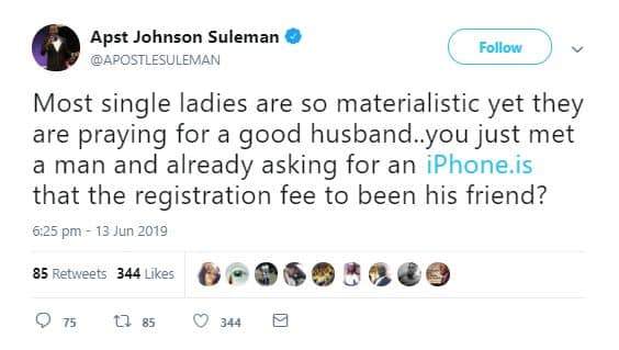 Apostle Suleman slams ladies praying for husband but demanding for iPhone on meeting a man