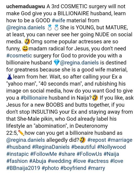 Regina Daniels is good wife material unlike you - Uche Maduagwu to Tonto Dikeh