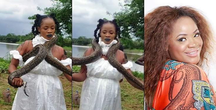 Fans React As Uche Ogbodo Wraps Python Round Her Neck (Video)