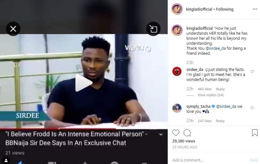 BBNaija: Tacha's boyfriend reacts as Sir Dee says meeting her is fire