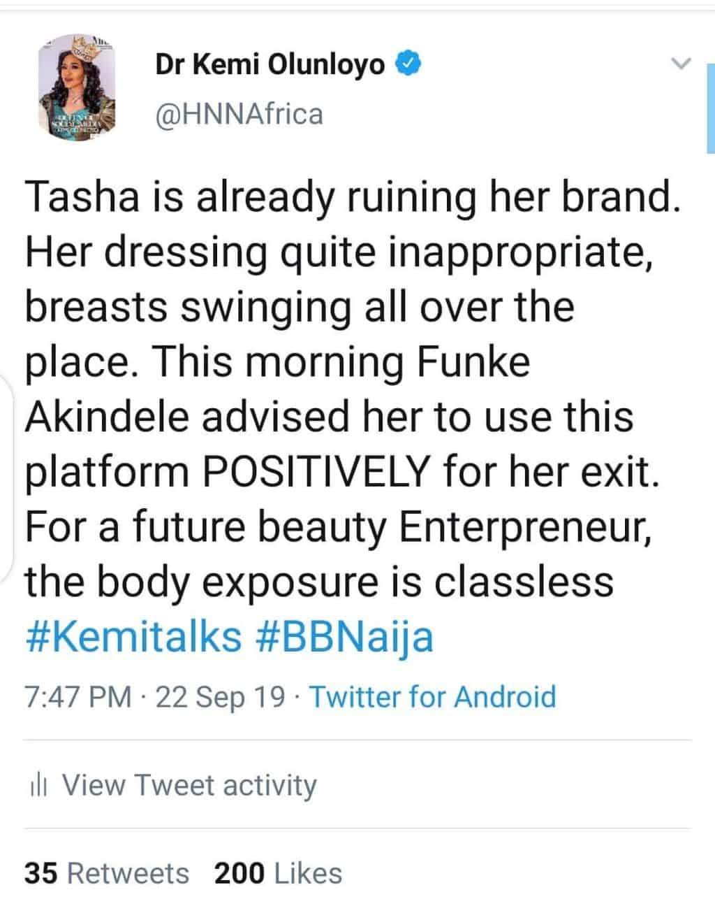 Kemi Olunloyo calls out Tacha for her inappropriate dressing in the house