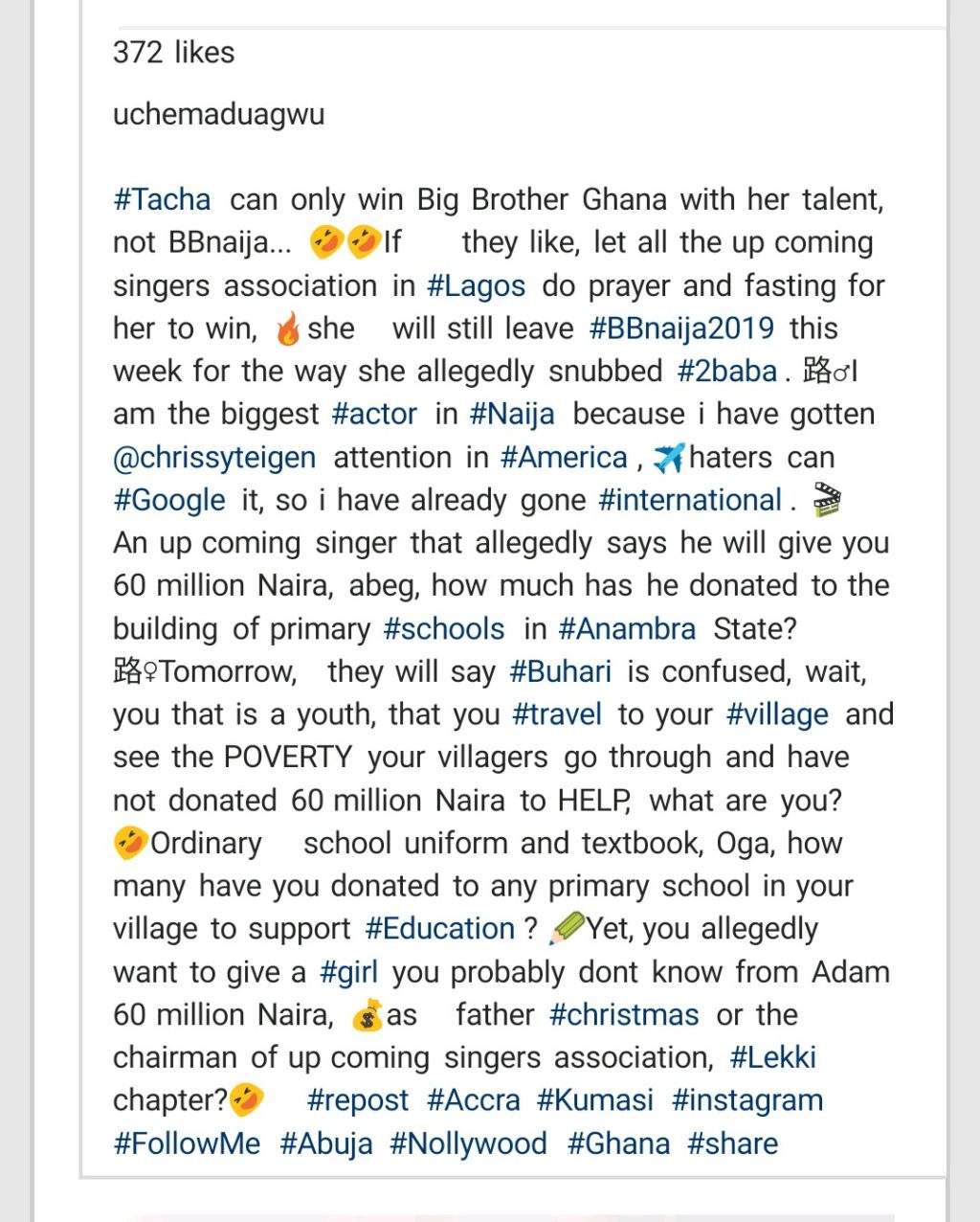 BBNaija: Uche Maduagwu trolls fans and celebrities supporting Tacha