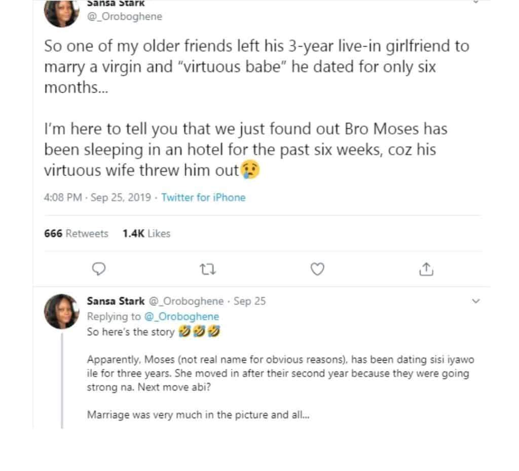 Lady narrates the aftermath of her friend's decision to marry a virgin over girlfriend of 3years