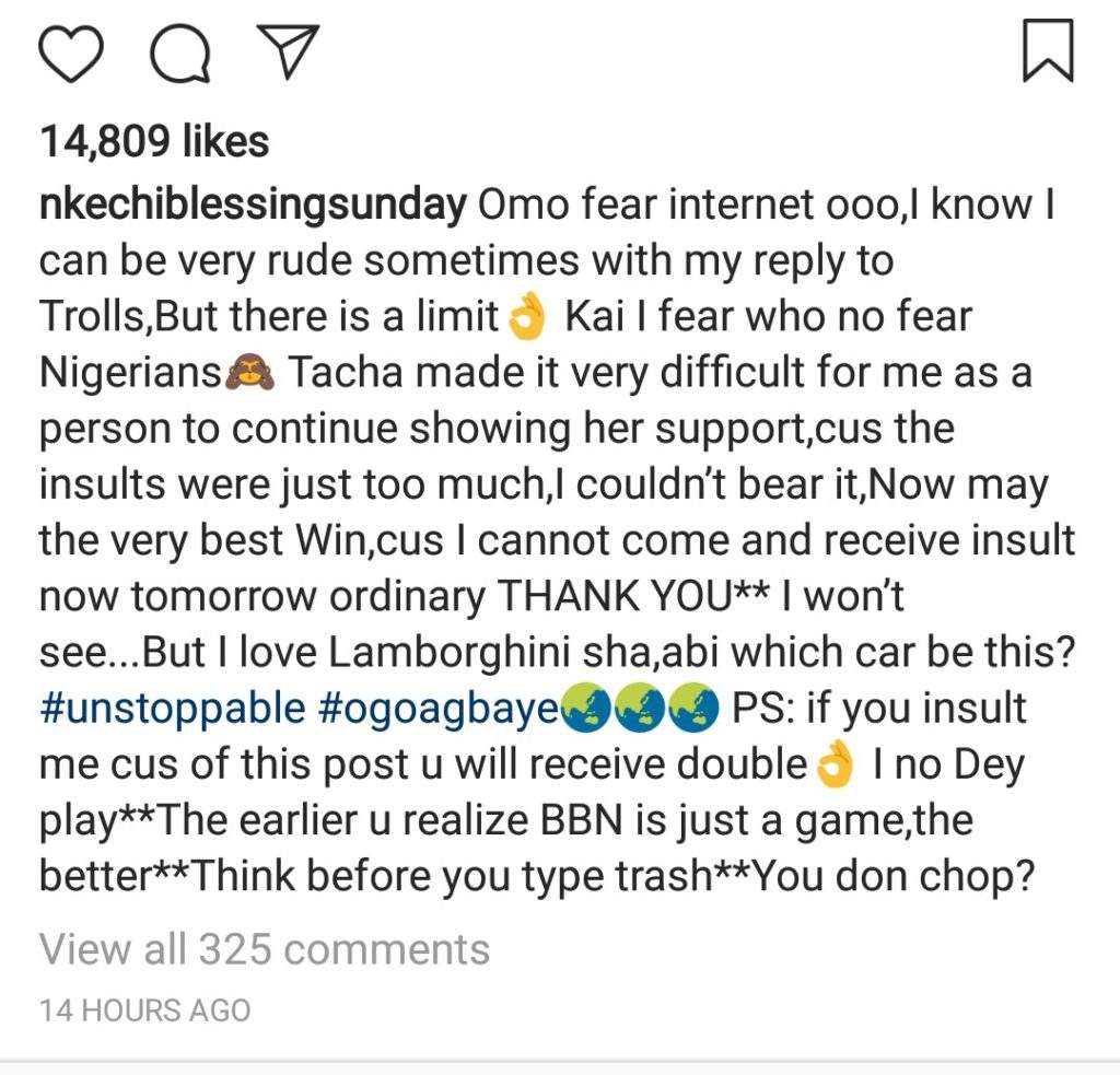 BBNaija: Tacha's supporter, Nkechi Blessing Sunday aligns with Mercy following Tacha's disqualification