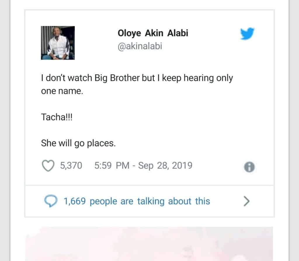 #BBNaija: Tacha will certainly go places- Akin Alabi