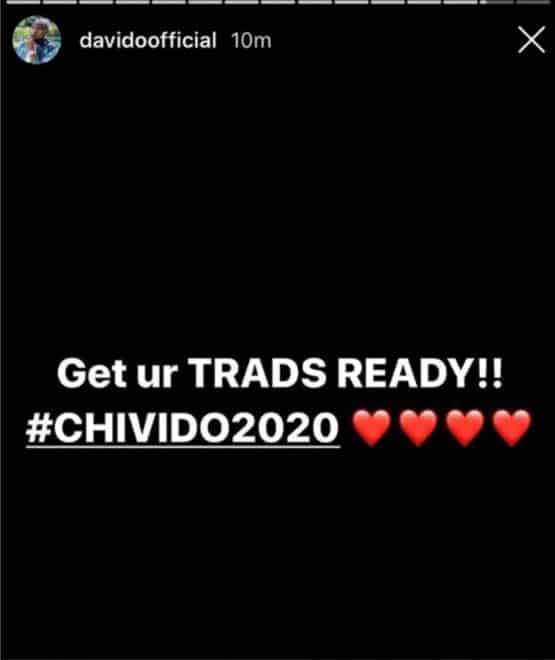 Davido set to wed Chioma, shares photo from their marriage introduction... See date for traditional wedding