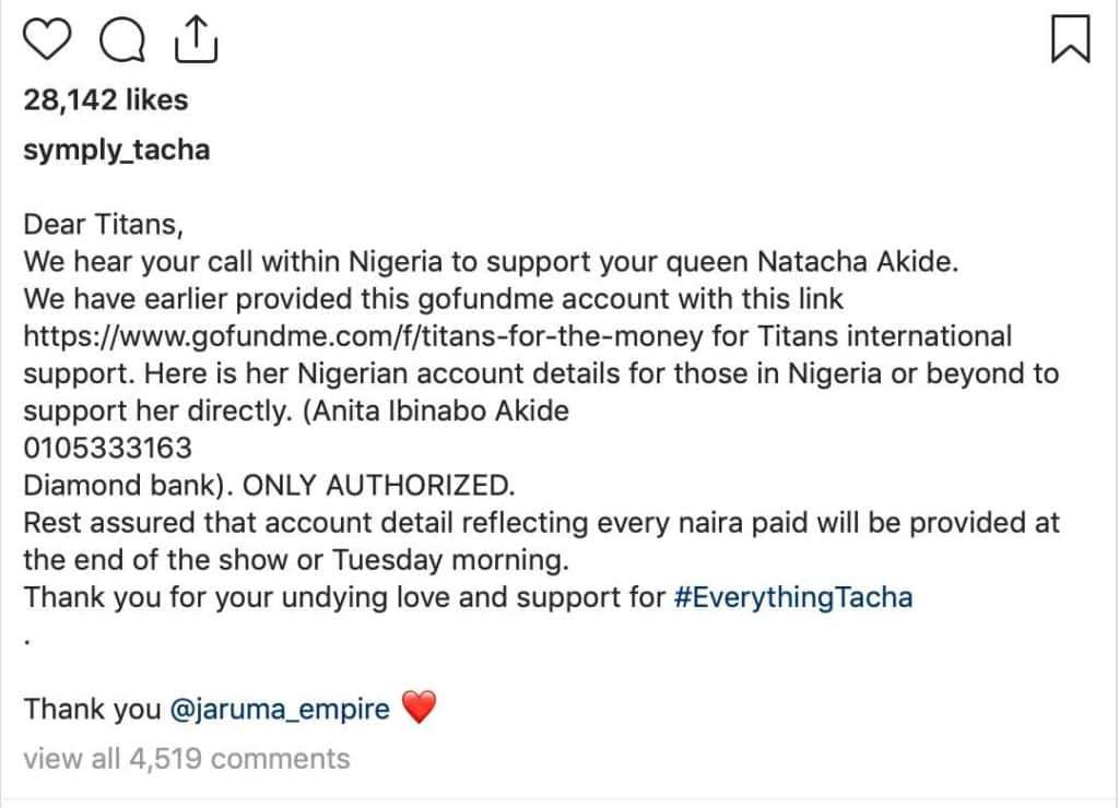 BBNaija: Tacha opens a GoFundMe account for Titans to donate