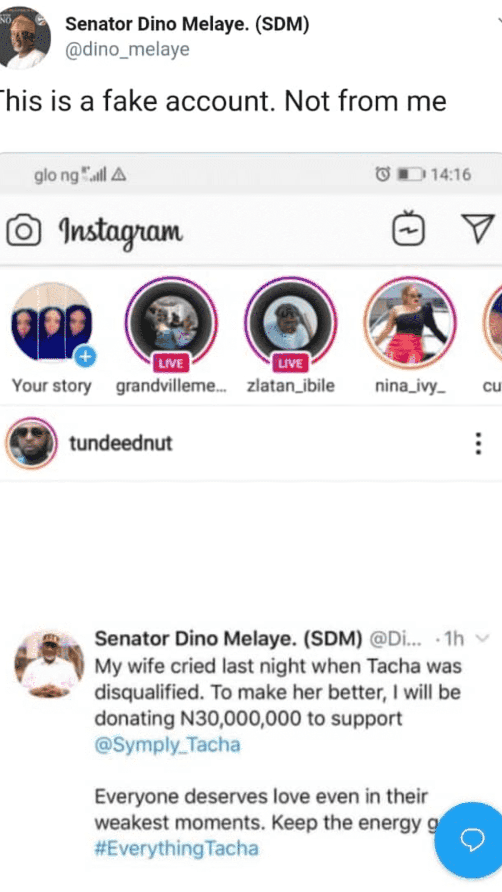 Senator Dino Melaye denies promising Tacha N30million