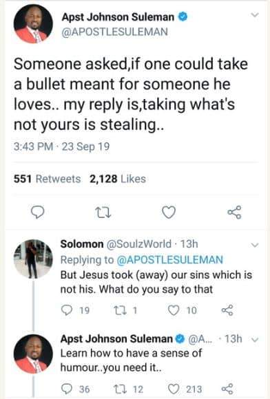 'Taking a bullet for someone you love is stealing' - Apostle Suleman