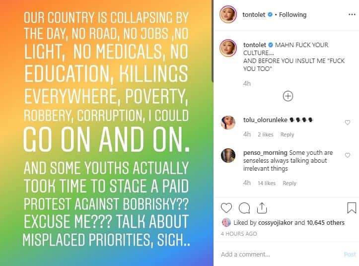Tonto Dikeh reacts after youths protest against Bobrisky's lifestyle