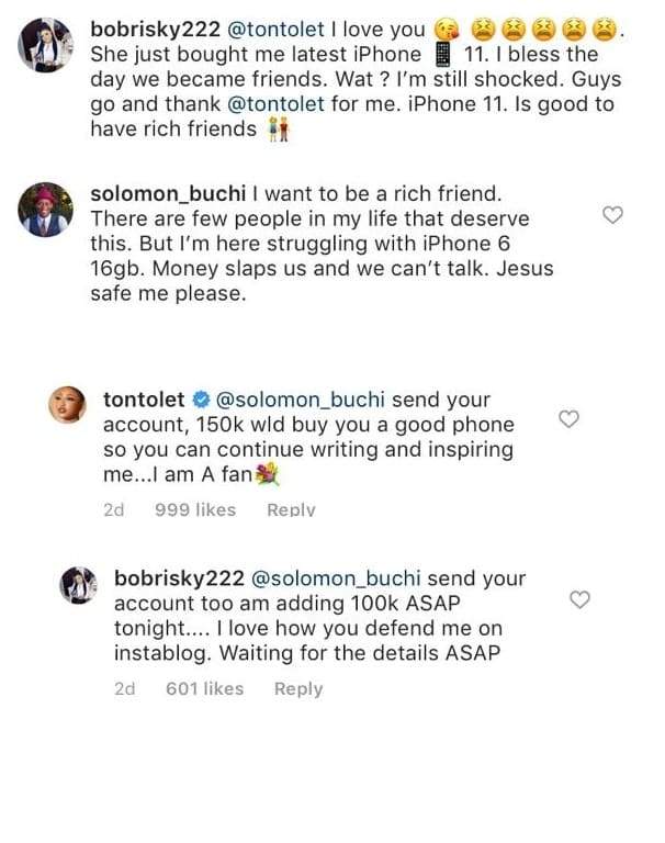 Bobrisky and Tonto Dikeh gift fan N250k for constantly having their backs