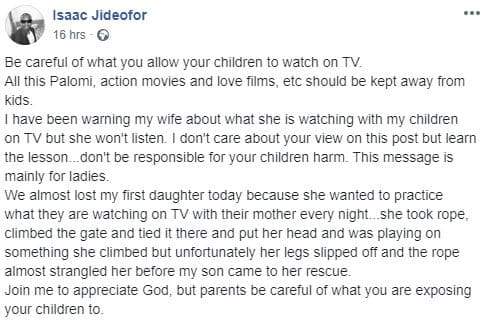 Nigerian man reveals how his little daughter almost died while practicing what she saw on TV